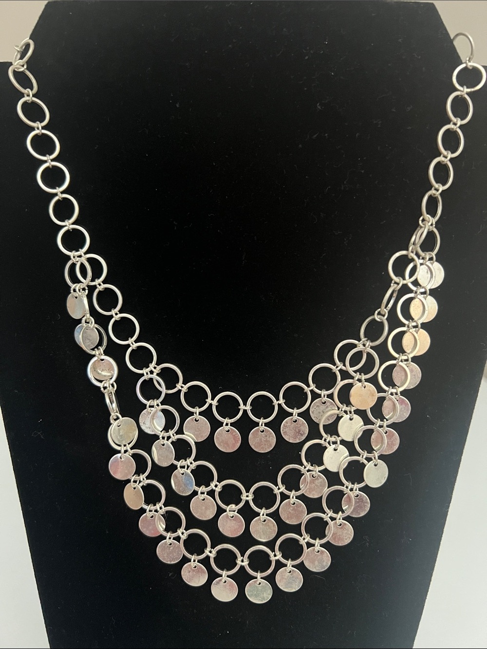 Silver Tone Multi-Layer Circles And Disks Statement Necklace - Vintage